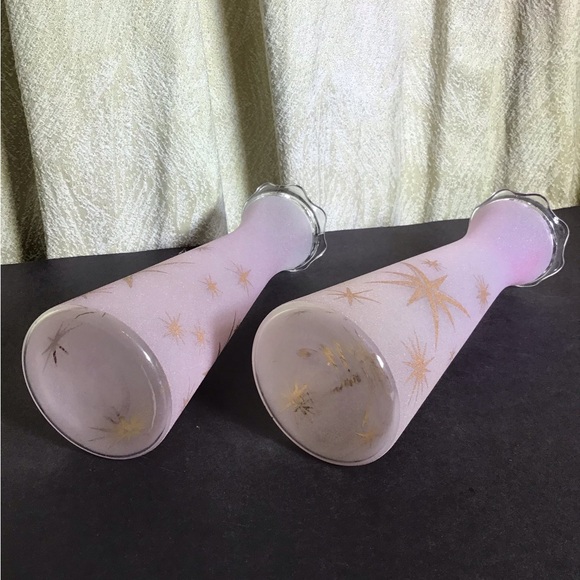 Rare atomic gold stars pink sugar glass vase pair with flared scalloped tops - Picture 6 of 13